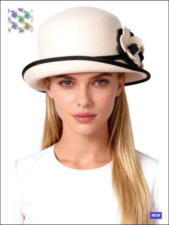Wool Felt Cloche Hat with Floral Decoration Adjustable Fit Formal Church Tea